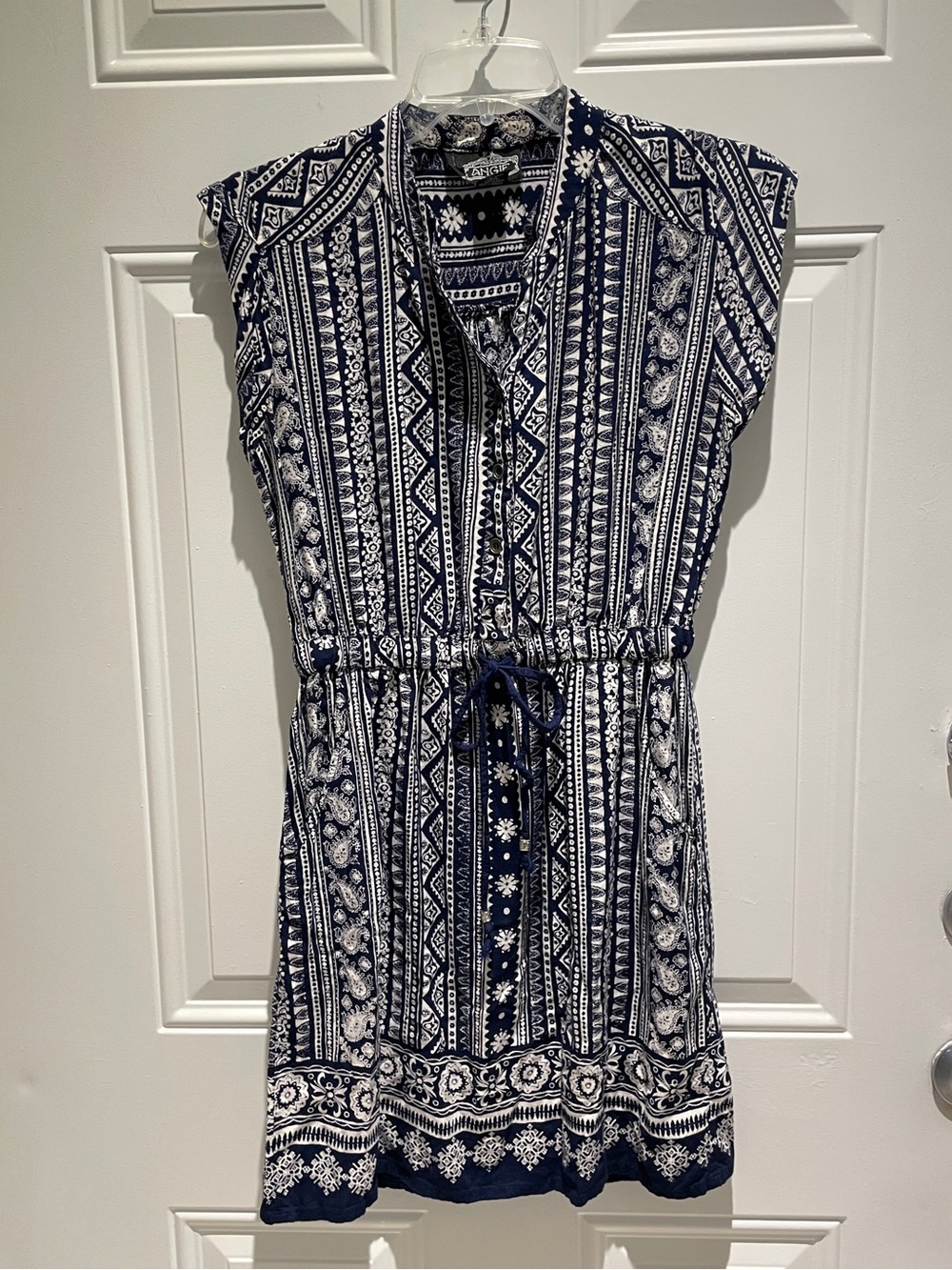 Angie Navy Blue White Paisley Western A-Line Drawcord Dress Size Juniors Medium